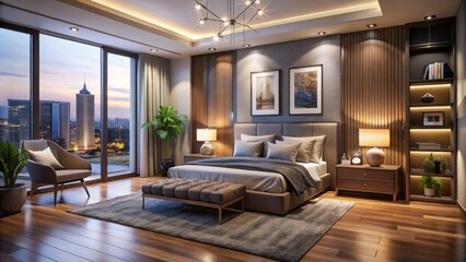 Embrace modern elegance with a 10x13 bedroom showcasing cozy decor and chic furnishings, designed for ultimate comfort