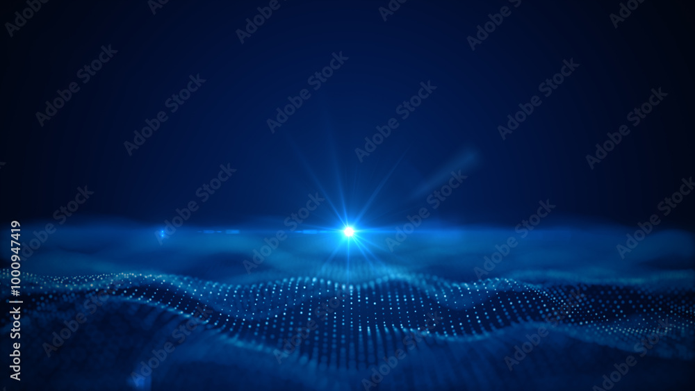 Aufkleber abstract digital horizon with a bright blue light burst and grid-like wave patterns, symbolizing fut