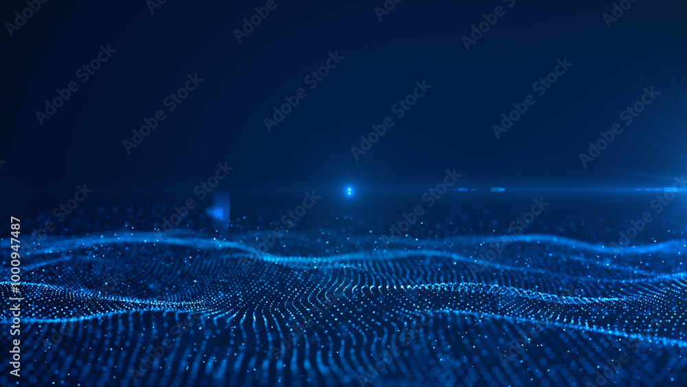 Poster abstract digital landscape featuring blue particles and grid lines on a dark background, evoking a s