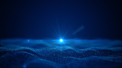 Abstract digital horizon with a bright blue light burst and grid-like wave patterns, symbolizing futuristic technology and innovation. 3D rendering.