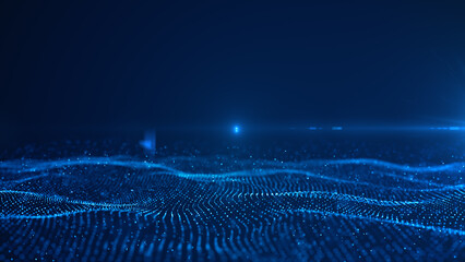 Abstract digital landscape featuring blue particles and grid lines on a dark background, evoking a sense of futuristic technology. 3D rendering.