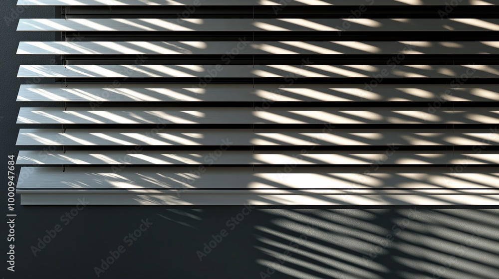 Poster strong shadows from window blinds on a dark gray wall. crisp sunlight creating sharp contrasts in a 
