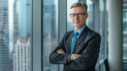 Fototapeta premium Confident senior manager in a high-rise office, dressed in a black suit and blue tie