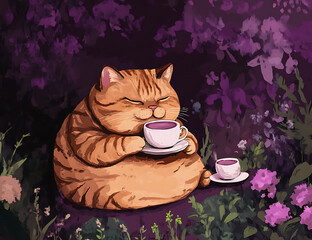A comic cat enjoys a cup of tea, surrounded by whimsical decorations. The atmosphere is cozy and playful, inviting viewers to join in the fun.