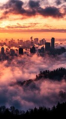 Fototapeta premium Sunrise Over City Skyline with Fog and Clouds