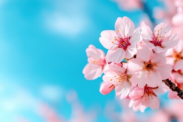 A lovely cluster of pink cherry blossoms in bloom contrasting with a bright blue sky, symbolizing the essence of renewal and the serene beauty of spring.