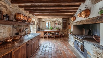 A rustic Italian farmhouse kitchen, featuring stone walls, a wood-fired oven, and terracotta floors, with large wooden beams and copper pots hanging from the ceiling