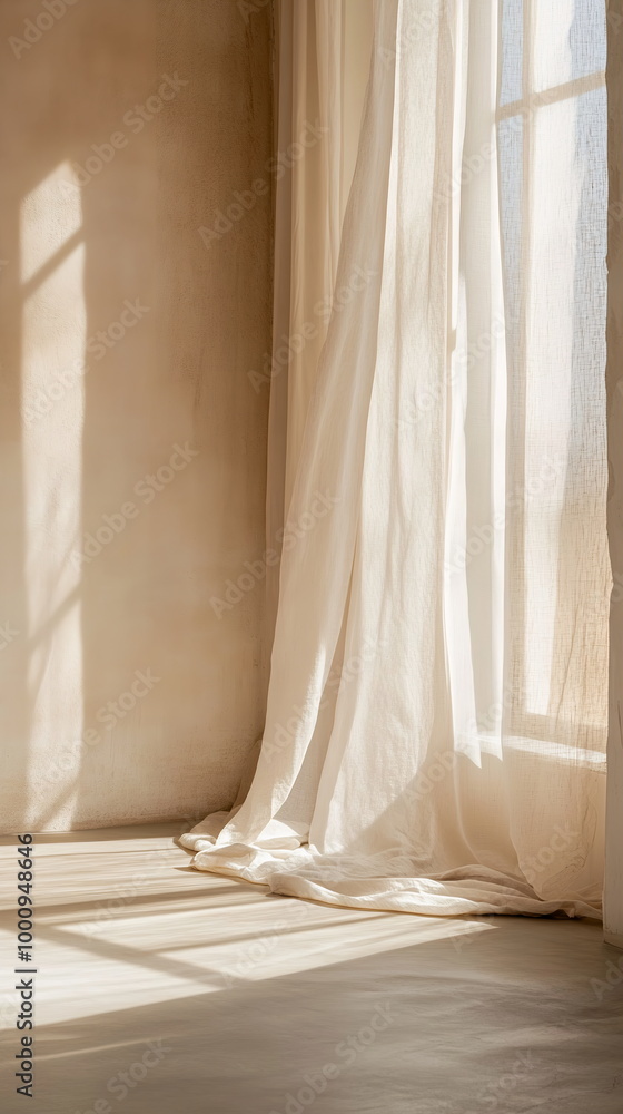 Aufkleber thin sunlight streaming through sheer curtains, casting delicate shadows on a textured wall. empty r