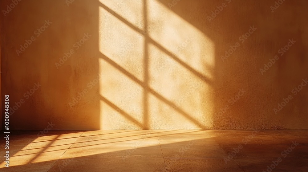 Poster warm, golden sunlight falling across a terracotta-colored wall. window shadow creating a soft, diffu