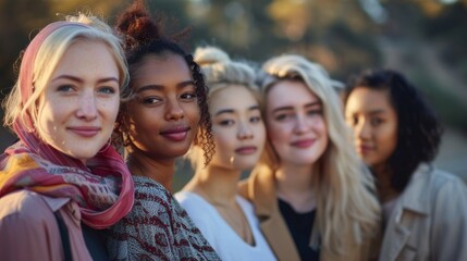 Young women of various ethnicities, standing close and smiling warmly