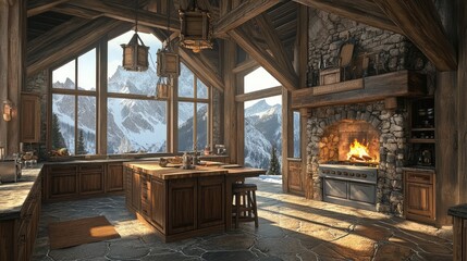 Fototapeta premium A rustic mountain lodge kitchen, with stone floors, wooden cabinetry, and a large hearth, framed by windows with views of the snow-covered peaks