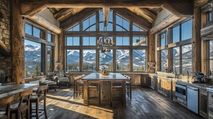 Fototapeta premium A rustic mountain lodge kitchen, with wooden floors, stone countertops, and large beams, framed by large windows with views of snow-capped mountains