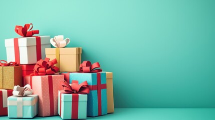 Obraz premium A stack of presents with red bows on them