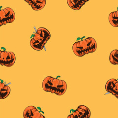 seamless pattern of pumpkin head lights on yellow orange background. lantern in Halloween party celebration. vector