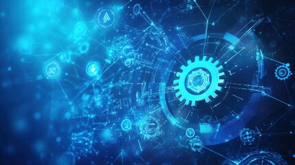 Obraz premium A captivating blue background filled with abstract shapes and a gear, illustrating the flow of data and technological processes.