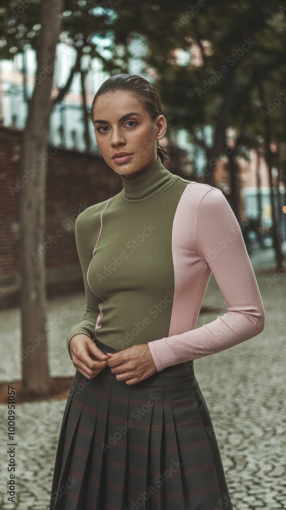 Wall mural Chic Urban Fashion: Model in Olive and Pink Turtle Neck Top