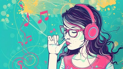 Stylish pretty woman wearing headphones listening to music in happy relaxed state.