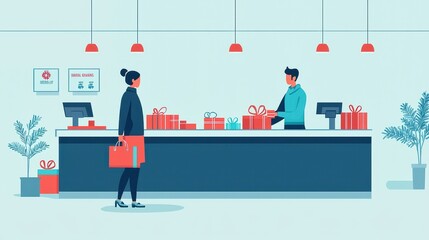 A woman is standing in front of a counter with a man behind her