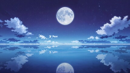 Fototapeta premium Anime-Style Night Landscape Serene Full Moon Illuminating Calm Water, Starry Sky, and Reflective Clouds