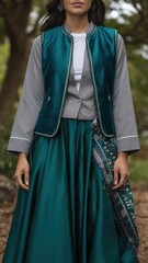 Fototapeta premium Elegant Fashion Photography Featuring a Model in Teal and Gray Attire