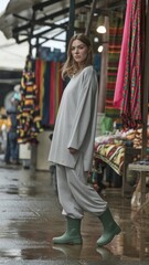 Obraz premium Trendy Rainy Day Fashion: Model in Grey Street Style Outfit