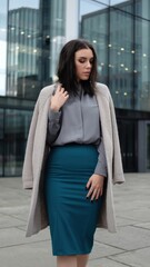 Fototapeta premium Chic Urban Fashion: Model in Teal Skirt and Grey Blouse