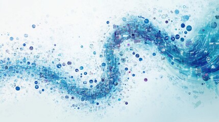 Beautiful swirling trails of information icons form an intricate abstract pattern on a light-blue backdrop, creating a captivating artistic display