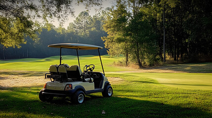 A golf cart parked beside the fairway, with a set of golf clubs and bags visible in the back