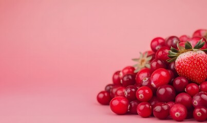 Soft red background with red berries, cranberries, raspberries and strawberries, Generative AI 