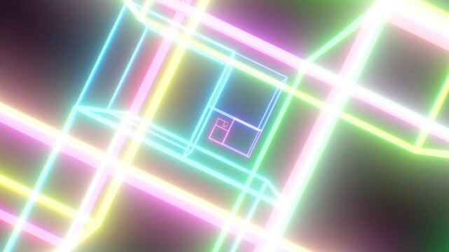Infinite Zoom Into Logarithmic Cube Spiral Glows Rainbow Neon Colors - 4K Seamless VJ Loop Motion Background Animation