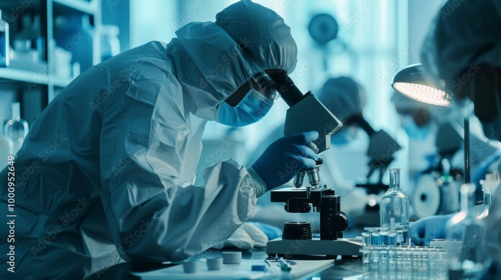 Poster A scientist is looking through a microscope at a sample