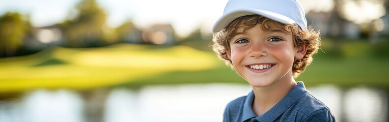 A joyful boy in a golf lesson smiles at the camera amidst a beautiful course setting