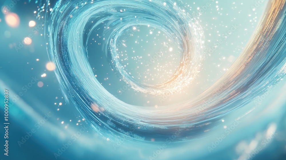 Poster swirling trails of digital data and glowing symbols form a captivating abstract design on a light-bl
