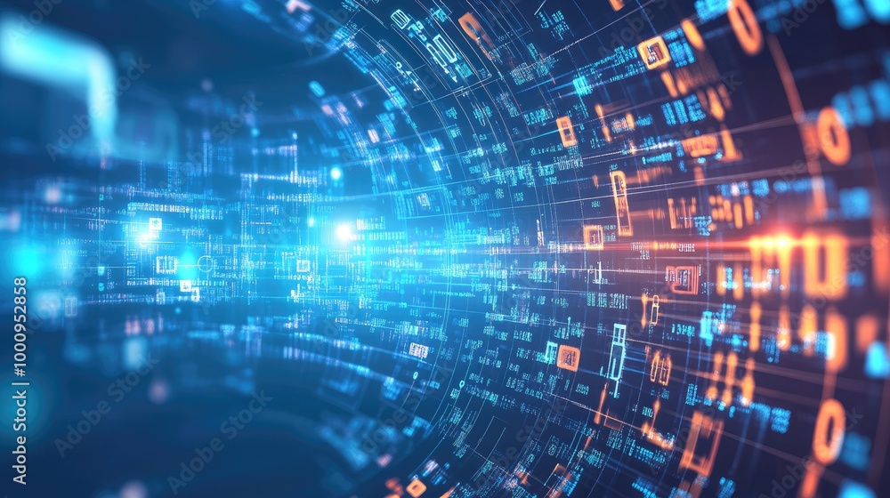 Poster swirling trails of digital data and glowing symbols form a captivating abstract design on a light-bl