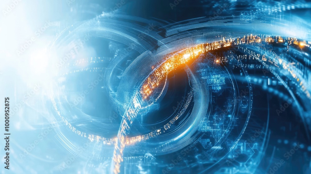 Poster swirling trails of digital data and glowing symbols form a captivating abstract design on a light-bl