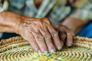 Close-up of elderly hands working on woven basket craftsmanship

