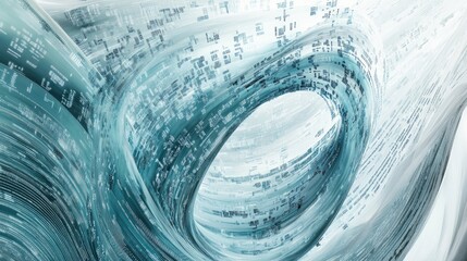 Obraz premium Swirling trails of binary code and digital lines form an intricate abstract pattern on a light-blue background, symbolizing information processing