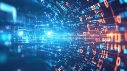 Obraz premium Swirling trails of digital data and glowing symbols form a captivating abstract design on a light-blue background, symbolizing information processing