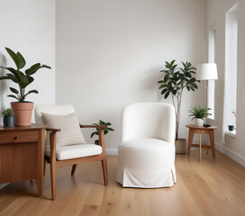 Minimalist Living Room with Wooden Side Table and White Armchair