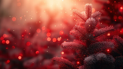 Illustration AI frosted Christmas tree with festive red bokeh lights. Christmas concept, celebration