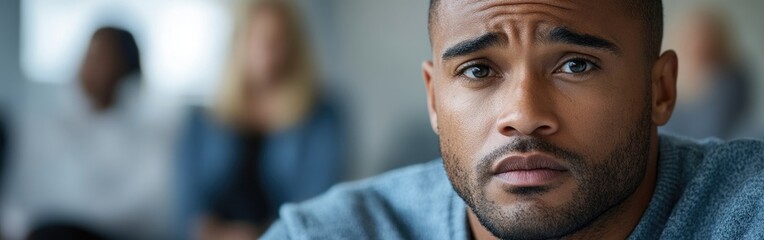 Obraz premium A man sits quietly, expressing sadness and anxiety in a group focused on mental health