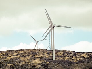 Few wind turbines stand tall on a grassy hilltop, their blades pointing towards a partly cloudy sky.