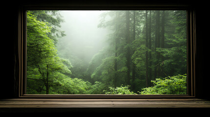 Fototapeta premium Olympic National Park, rainforest canopy with mosscovered trees, misty atmosphere, view from a wooden cabin window