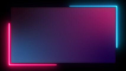 Fototapeta premium Neon glossy rectangle glowing picture frame. Abstract tunnel opening galaxy alien portal sci-fi motion graphic. Electric fluorescent tube illuminated disco and night club background. Retro display.