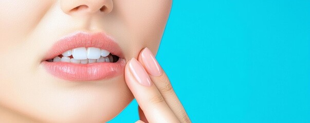 Fototapeta premium Close-up of a woman biting her lip in pain, holding her jaw, toothache expression, painful moment