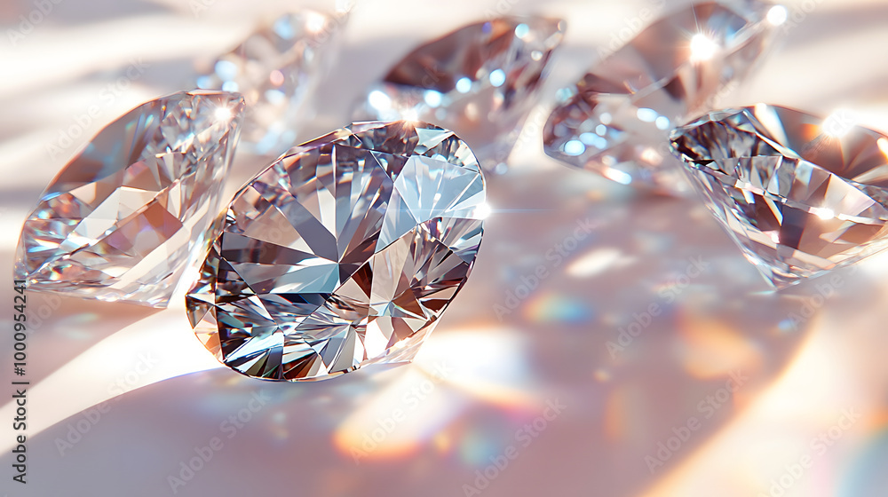 Poster close up of diamonds of different cuts and sizes on light background with shadows : generative ai
