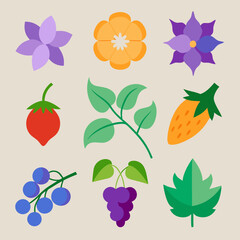 A set of colorful, flat-style illustrations featuring flowers, fruits, and leaves. Perfect for adding a touch of nature to your designs, this collection is ideal for web graphics, branding.