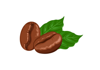 Roasted coffee beans and green leaves isolated on white background. Vector cartoon illustration.