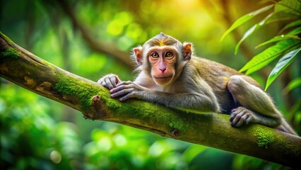 In a serene Southeast Asian forest, a cheerful crab macaque sits atop a tree branch, basking in the sun's warmth amidst lush greenery.
