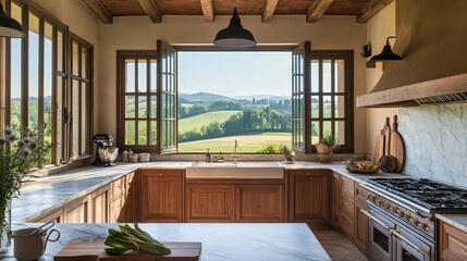 A sleek Italian countryside kitchen, with marble countertops, wooden cabinetry, and large windows framing views of rolling hills, complemented by vintage lighting